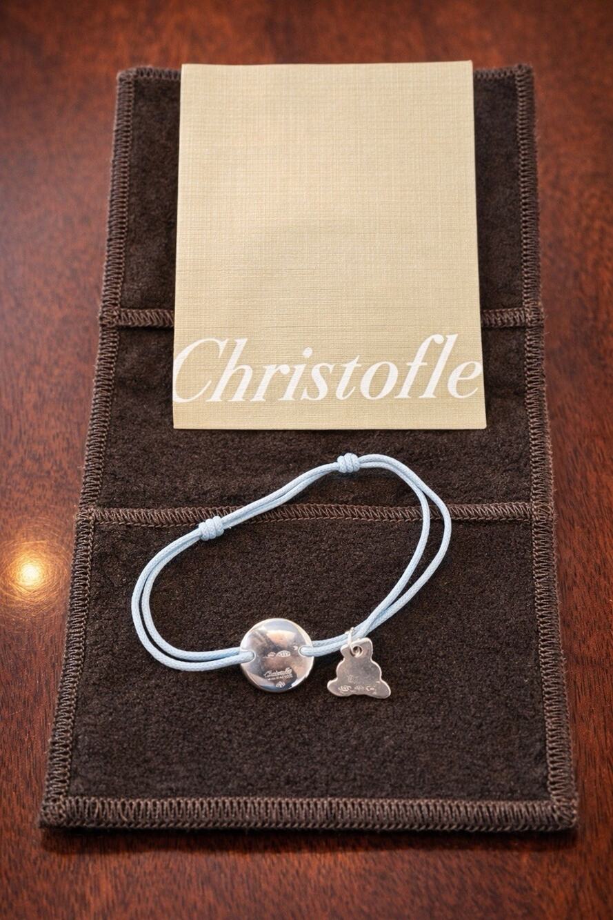 Christofle Paris Sterling Silver Charm Cord Bracelet Blue Adjustable Baby Gift